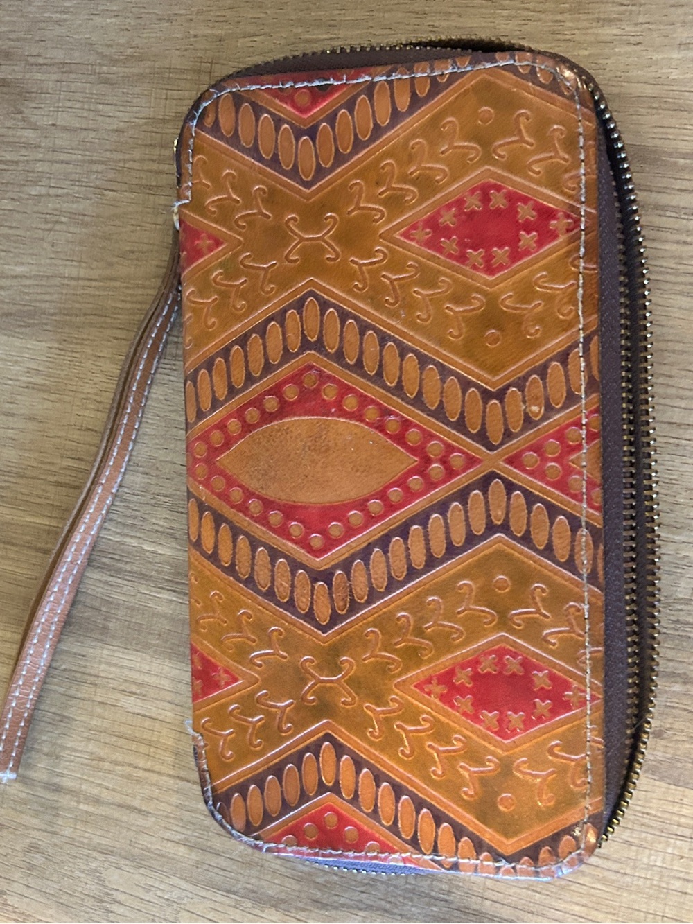 Noonday Collection Orange & Red Embossed Leather Zip Wallet Wristlet
